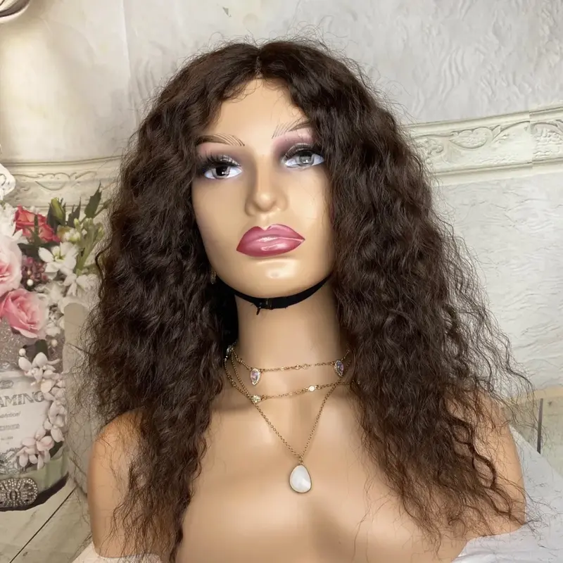 18 Inches human hair Blend curly Deep Wave Wig , Colour 4, Natural Wig , Gift 6
