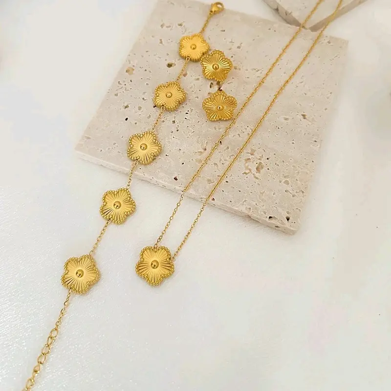 Unisex Gold Clover Set - Necklace, Bracelet, Studs and Earrings (4 Pieces) 2