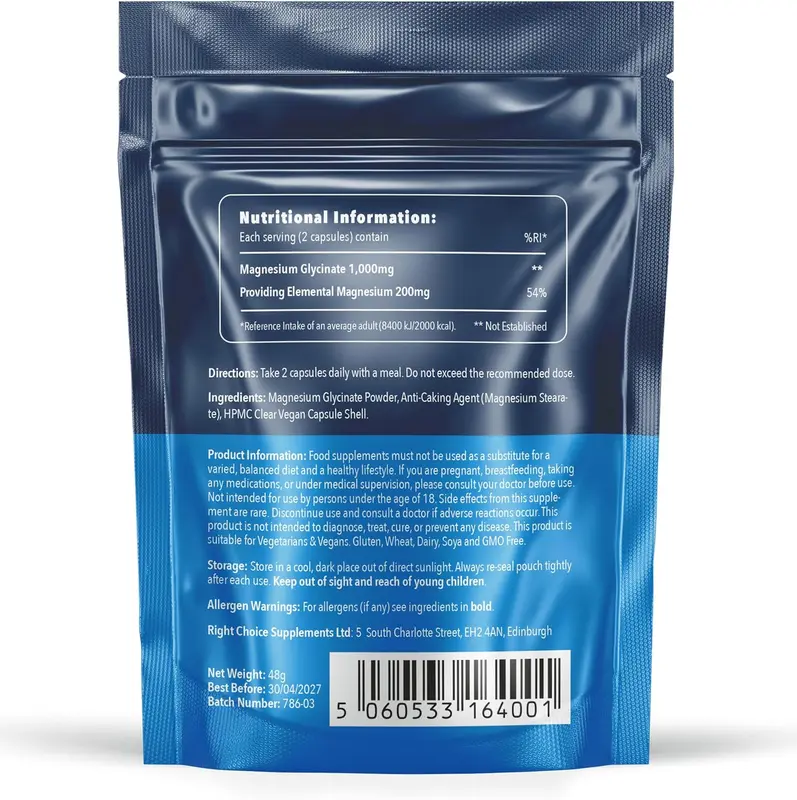 Magnesium Glycinate 1,000mg (Per Serving - 2 Capsules) - High Bioavailability & Ideal Strength, 60 Vegan Capsules Natural Healthcare Dietary Vitamin 3