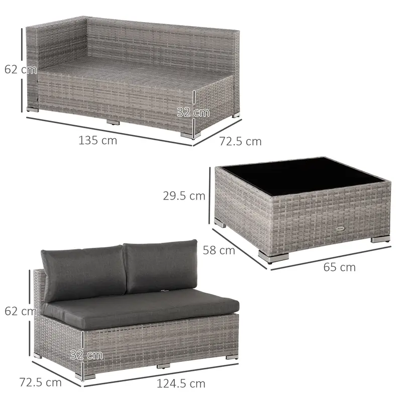 6-Seater Garden Rattan Furniture PE Rattan Sofa Set, Outdoor All Weather Conservatory Furniture, w/ Tempered Glass Coffee Table, Deep Grey 2
