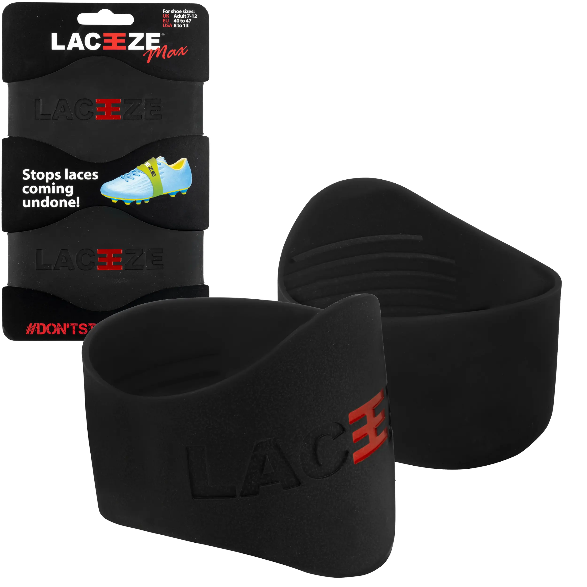 Laceeze Bands Max Size Uk 7 onwards Blue, Black or Translucent suitable for football, rugby. Keeps Laces Tied During Sport