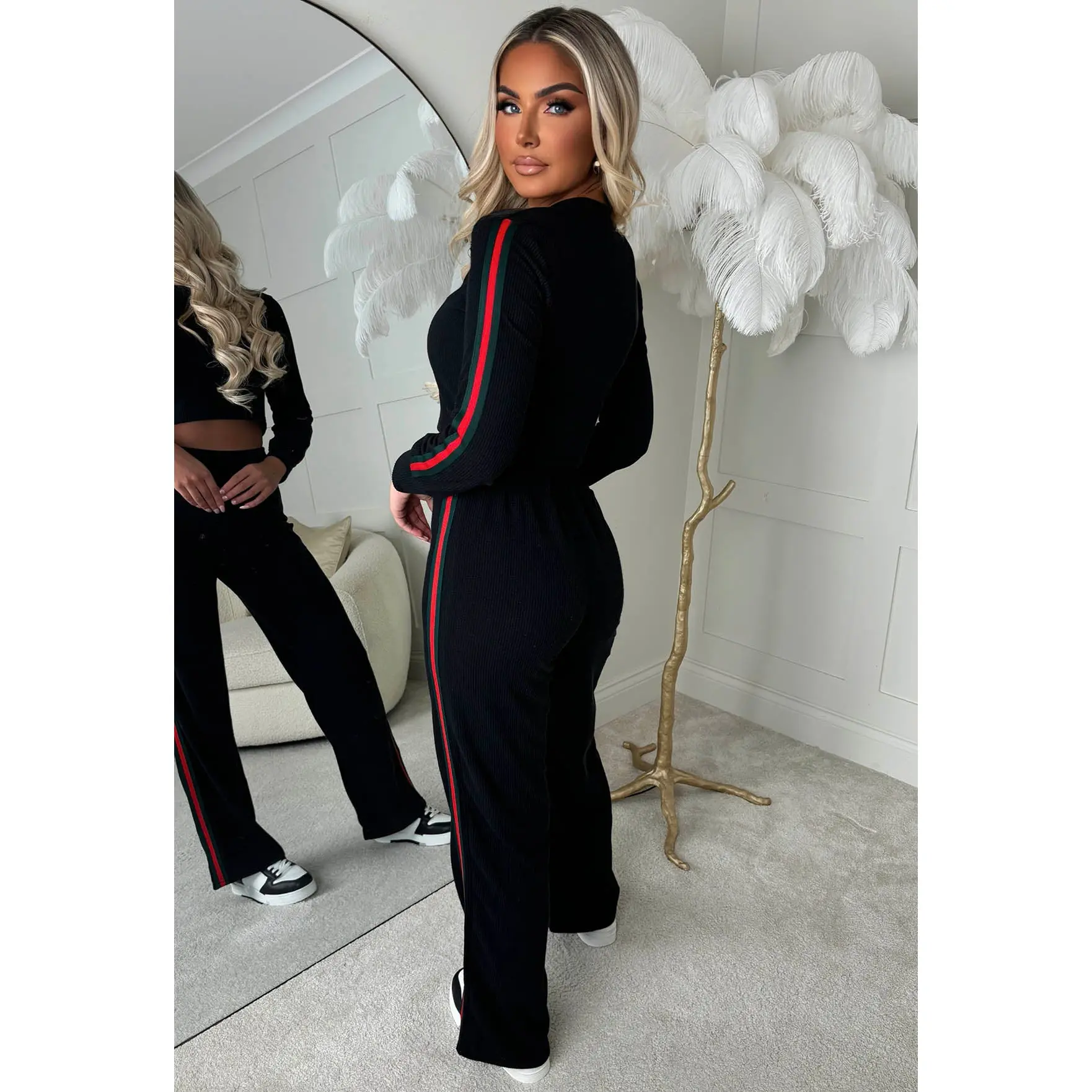 Lorenza Black Ribbed Side Stripe Loungewear Set