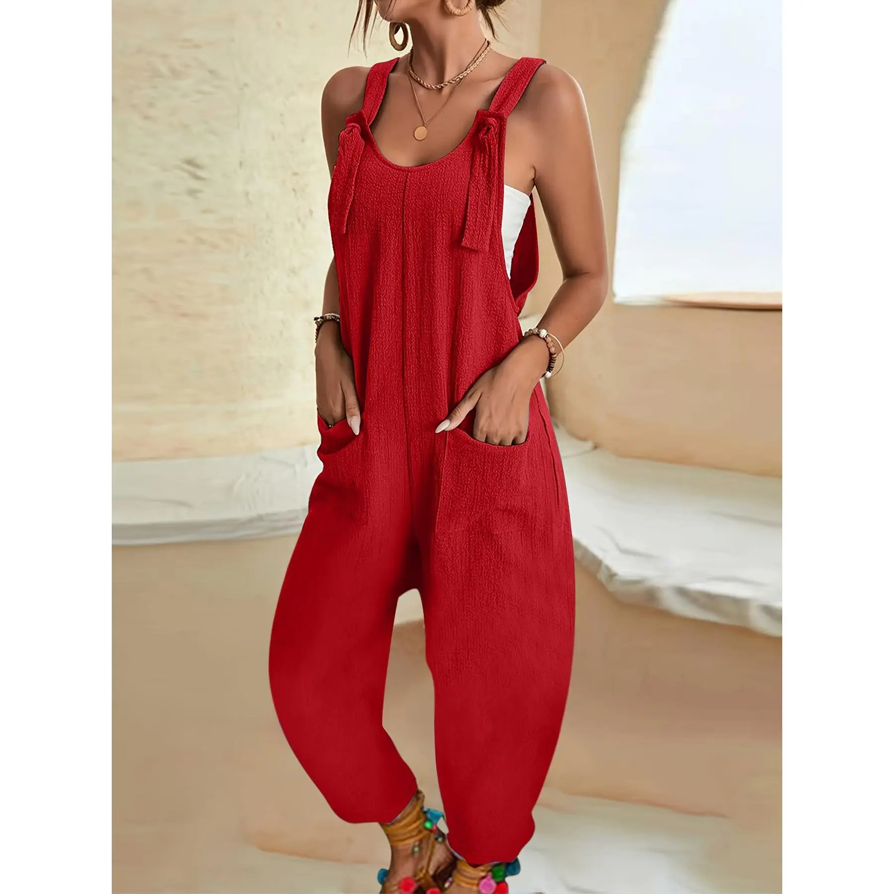 Stylish Solid Color Pocket Overall Jumpsuit - Women's Casual Overalls for Spring & Summer, Comfortable and Versatile Clothing with Pockets