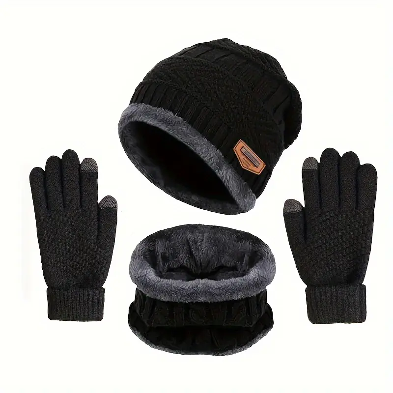 Men's Comfortable Knitted Hat + Scarf + Warm Gloves Three-piece Set - Thickened and Warm Fleece Lining Winter Accessories, Letter Patch Style Warm Hat and Warm Faux Sheepskin Scarf and Winter Men's and Women's Faux Sheepskin Full Finger Gloves 0