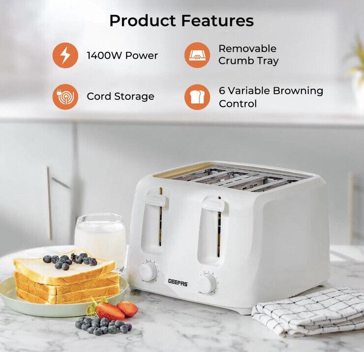 GEEPAS White 4 Slice Toaster Family Size 1400W with Variable Browning Control 5