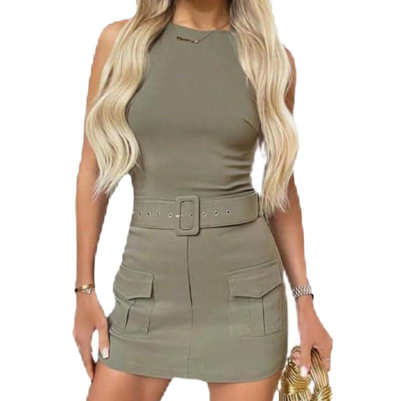 Womens Belted  Ladies Combat Cargo Pocket Round Neck Sleeveless Playsuit Skort Set Sizes S-2XL Bodycon Fit Skirt Womenswear Adjustable Clothing Chic Crew Neck Day Evening Medium Overall Underwear Lady Basic Comfort Casual Dresse Gamis Underwear Gowns 0