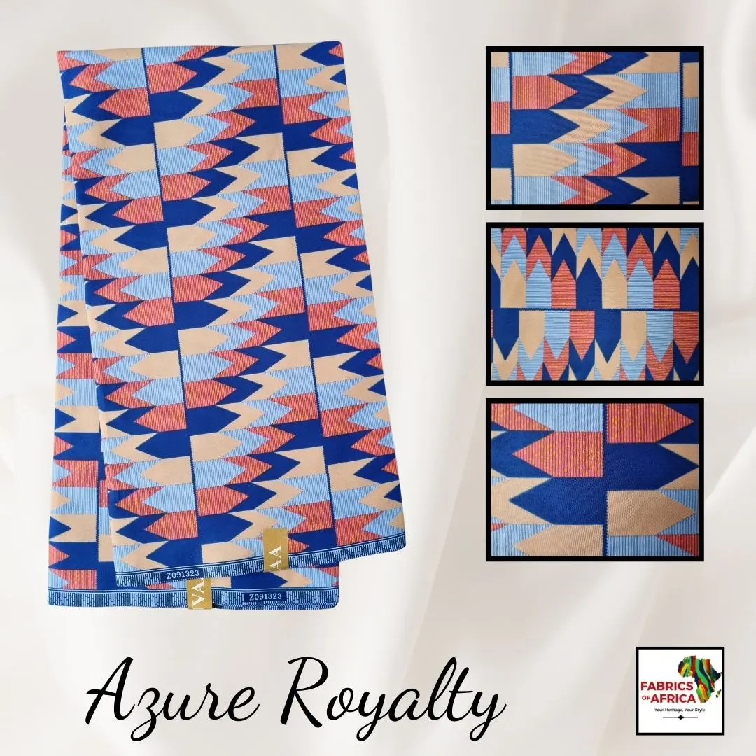 African Kente Wax Print Fabric 6 Yards Soft Premium Polycotton - Azure Royalty