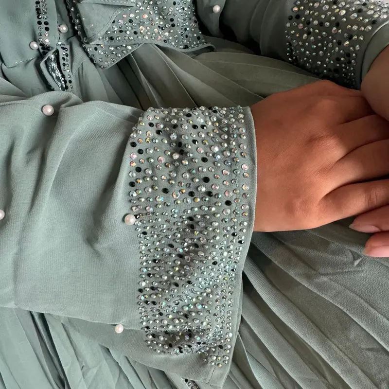 Sahar Gemstone and Pearl Pleated Abaya, Size 50-62, Modest Fashion, Women’s Islamic Clothing, Chiffon Abaya 5