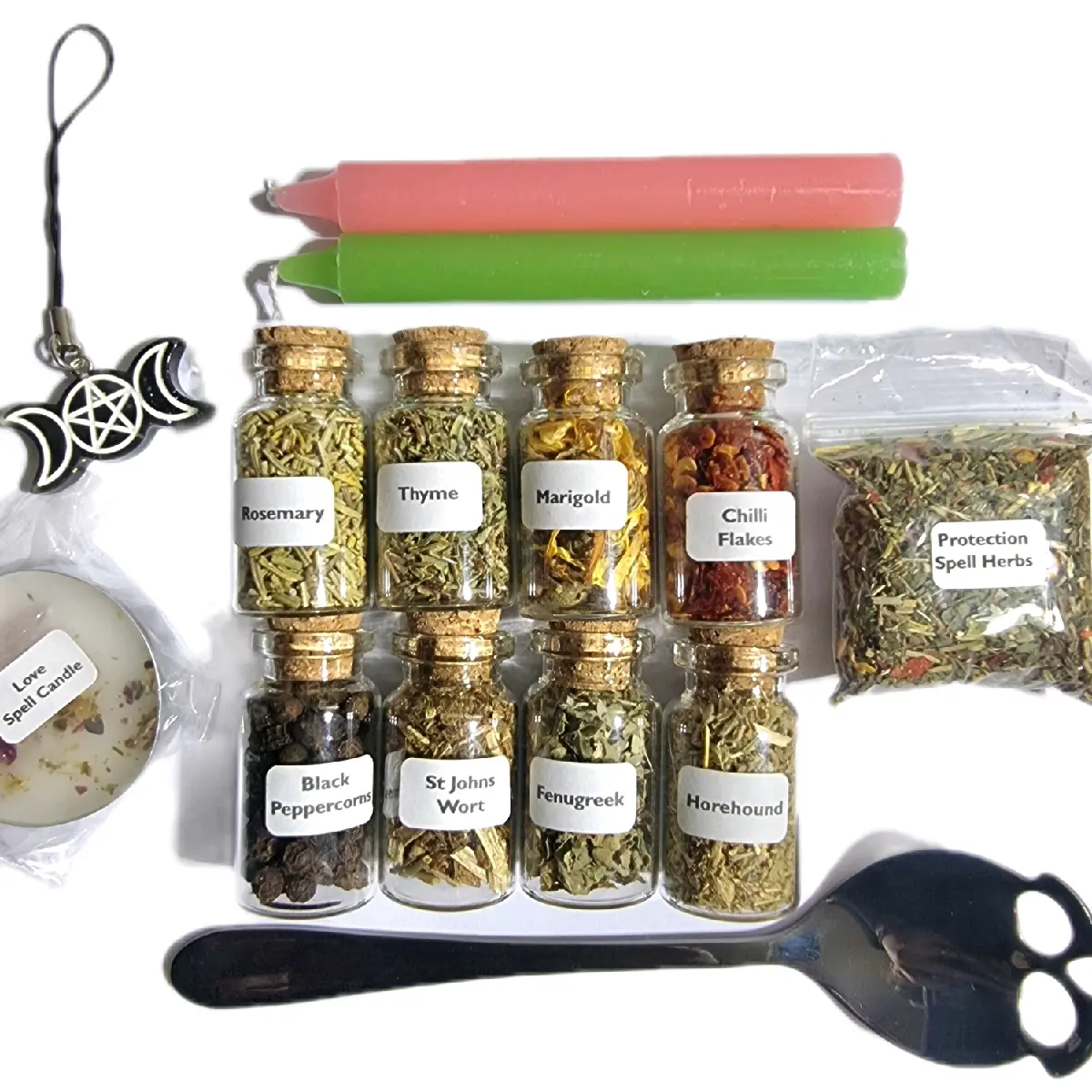 Spiritual bag. Mystery box; A selection of 12 items: Candles, herb Jars, Feathers, Crystals, Spoons, Stickers, Pin Badges, Pendants, Charms and Incense. candle spell witchy shop