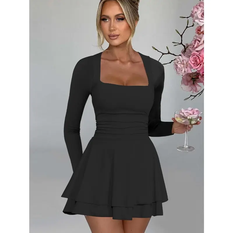 Kaximil Women's Square Neck Ruffle Hem Mini Dress Ruched Waist Long Sleeve Corset Short Party Dresses Formal Womenswear 3