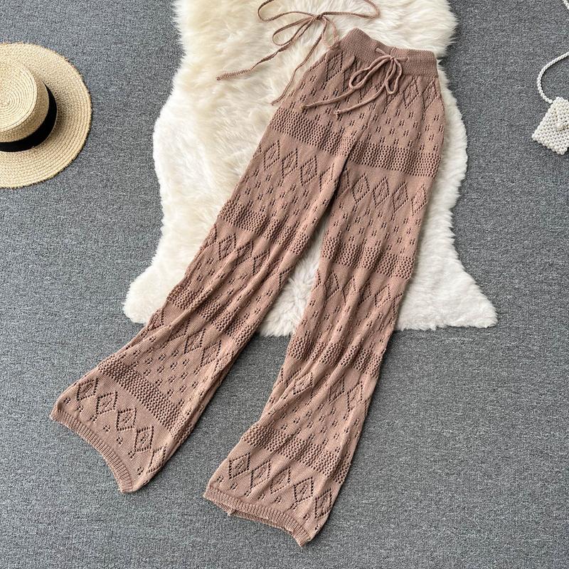 Product Introduction of SINGREINY Women Summer Knitted Set Halter Short Tops+ Hollow Wide Leg Long Pants Sets Shell Beach Sexy Backless Two Piece Suits 25