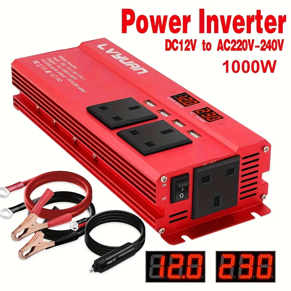 1000W Car Inverter DC12V to 230V AC Car Converter DC 12V Inverter with 3 AC Outlets and 4 USB Charging Ports