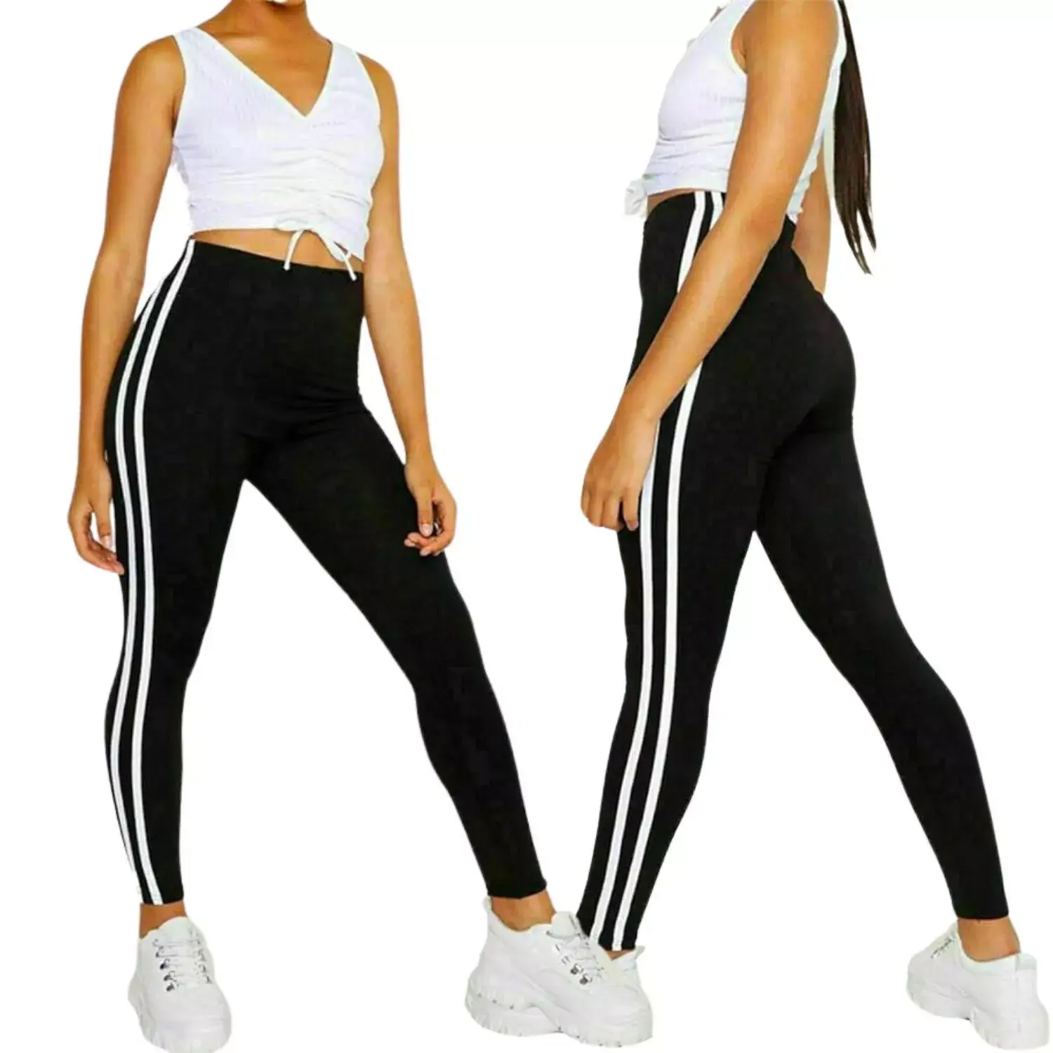 Womens Contrast 2 Side Stripe Stretchy Gym Leggings Joggers Ladies Skinny Pants Trousers
