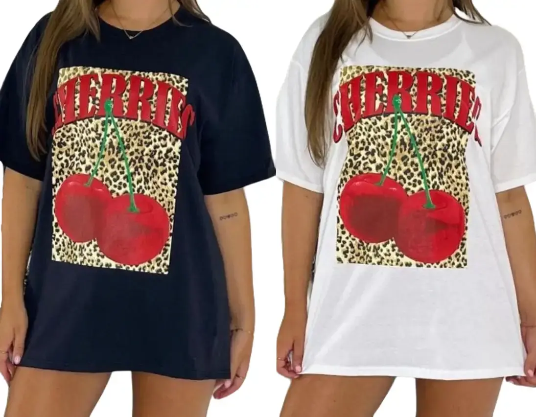 H.O.S Ladies women’s Short Sleeve CHERRIES Leopard Print Baggy T-Shirt Summer Top Womenswear