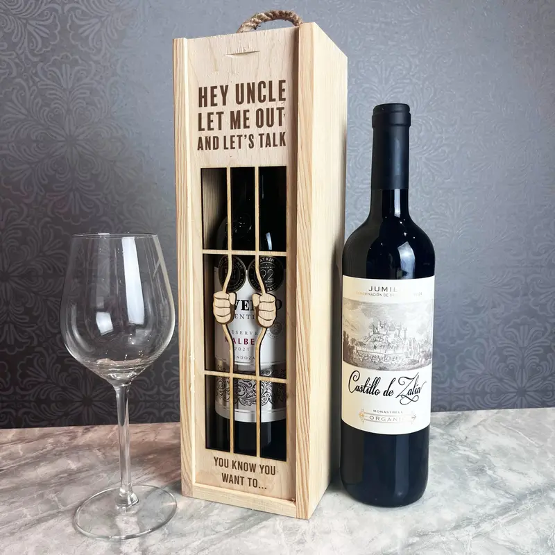 Uncle Let Me Out Lets Talk Prison Bars Wooden Rope Single Bottle Wine Gift Box - Personalised Gift, Custom Gift 0