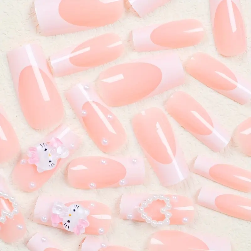24pcs Medium and Long Square Nail Stickers Sanrio Cute Style White French Three-dimensional Cute HelloKitty 6