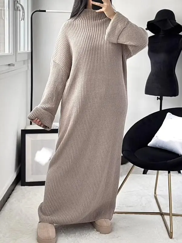 Womens Cosy Knit Longline Roll Sleeve Sweater Maxi Dress long Sleeve jumper casual elegant Summer womenswear print holiday basic Fit Piece Asymmetrical