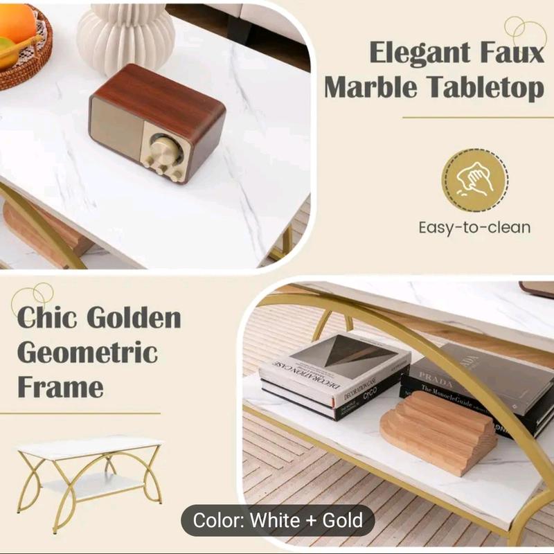 Modern Faux Marble Coffee Table, 2-Tier Rectangular Accent Table with Gold Finished Metal Frame, Chic Cocktail Table with Storage Shelf, Snack End Table for Living Room & Lounge 6