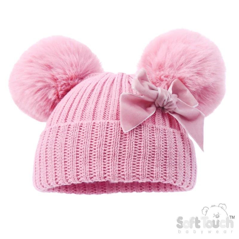 Baby Girls Velvet Bow Pom Pom Hats - Newborn To 12 Months 3