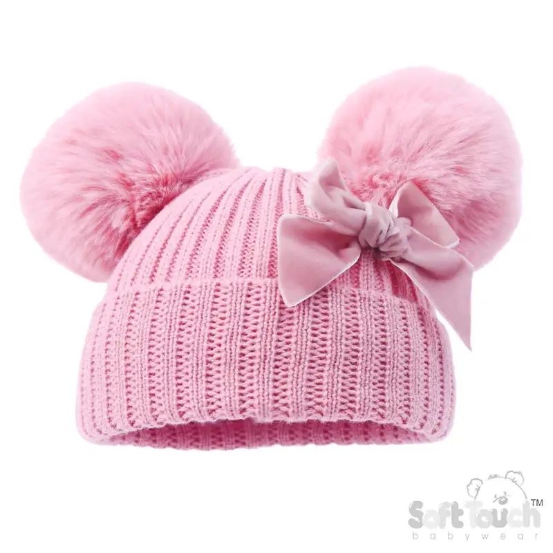 Baby Girls Velvet Bow Pom Pom Hats - Newborn To 12 Months 3
