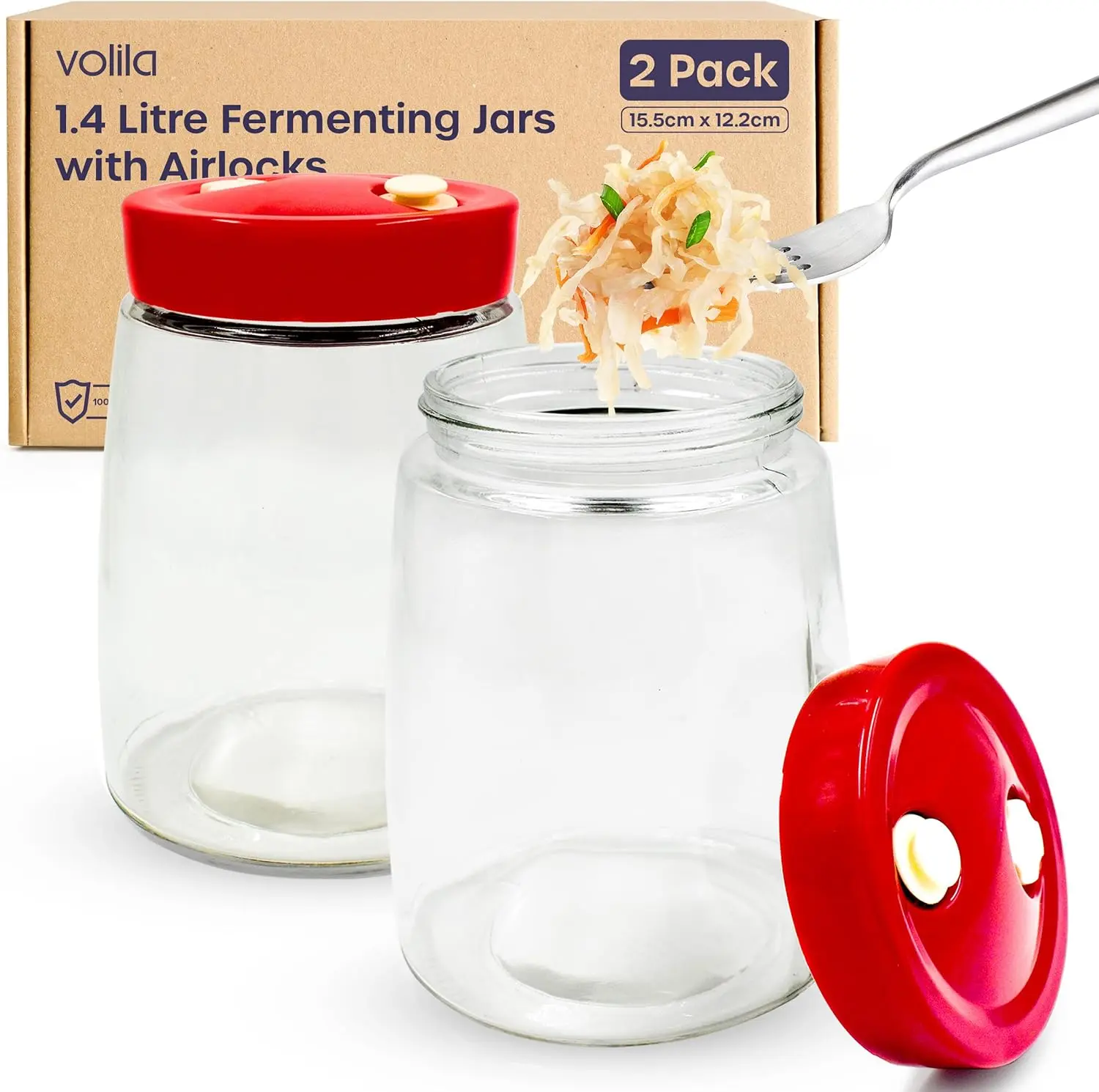 Fermentation Jars with Airlock - 2-Pack Glass Jars for Kimchi, Kombucha, Sourdough & Pickling - Includes Labels & Pen