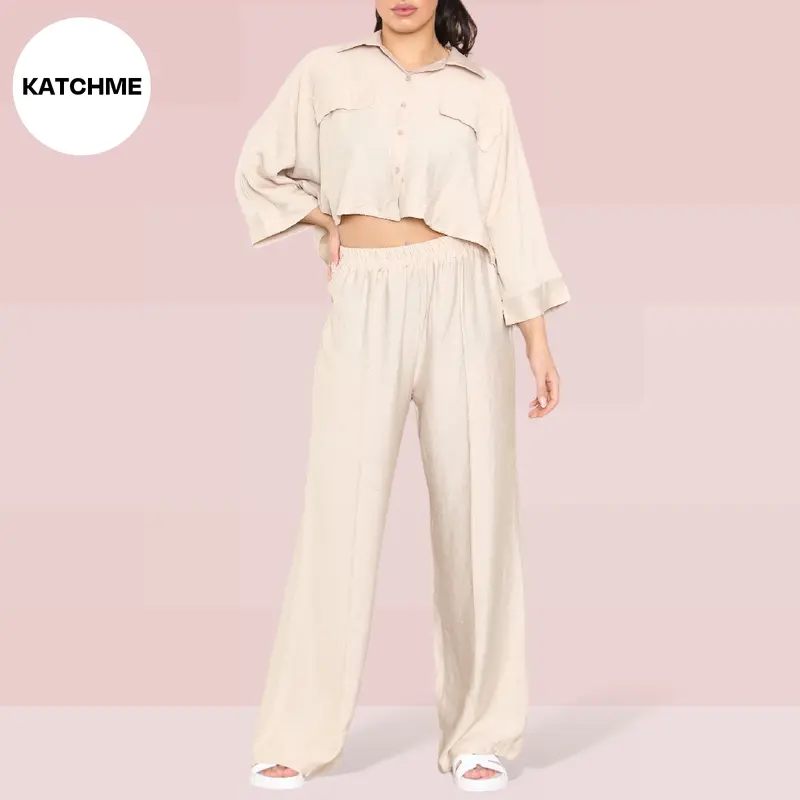 KatchMe Women's Versatile Long Sleeve Button Crop Top & Elastic Waist Pocket Trousers Co-ord,Lady Two-Piece Outfit for Womenswear,Plain Co-ord Set 7
