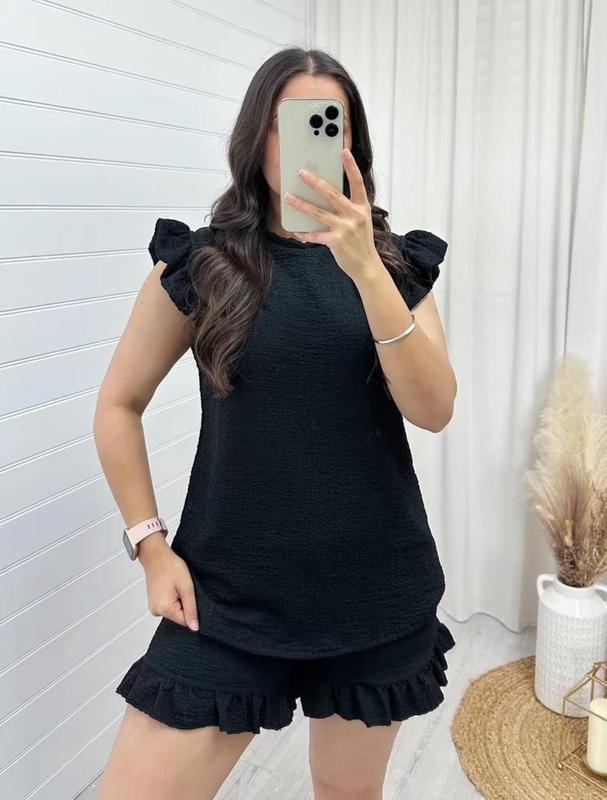 Women's Super Soft Pop Corn Materi Frill Sleeve Short 2PCS Co Ord Loungewear Sets 3