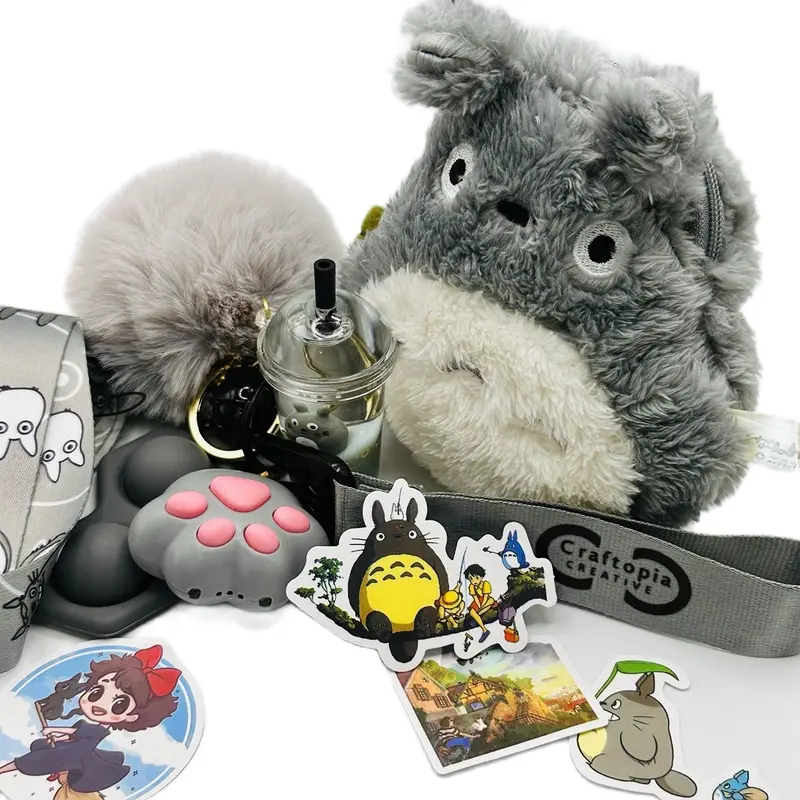 Craftopia Creative Anime Sensory Keychain Set with Totoro Plushie Fidget Pouch Purse LED Paw Clicker Popit Lanyard & Custom Wristlet Gift Set 0