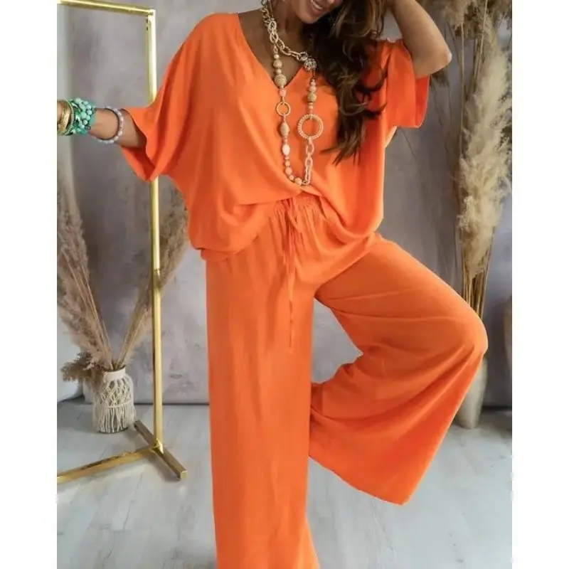 Summer Casual Loose Two Piece Set Women Fashion V-neck Pants Sets Women Elegant Batwing Sleeve Homewear Outfits 2 Piece Sets