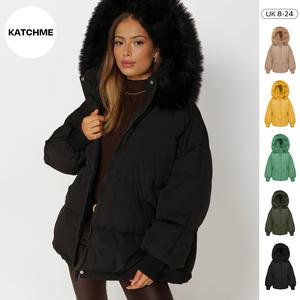 KatchMe Premium Women's Oversize Plush Hooded Zip-Up Thermal Cotton Coat,Fall & Winter Womenswear,Stylish Long Sleeve Flap Pocket Zipper Outerwear Jacketl