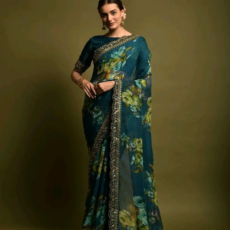 Georgette chiffon with flower print saree with ready blouse size 44" 6