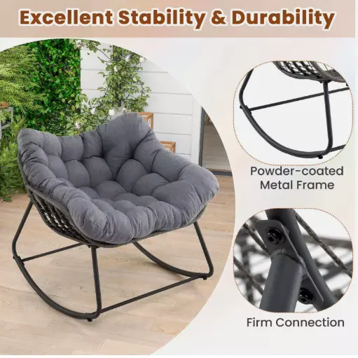 Rocking Egg Chair Oversized Indoor-Outdoor - Comfortable PE Wicker Patio Lounge Chair in Grey 7