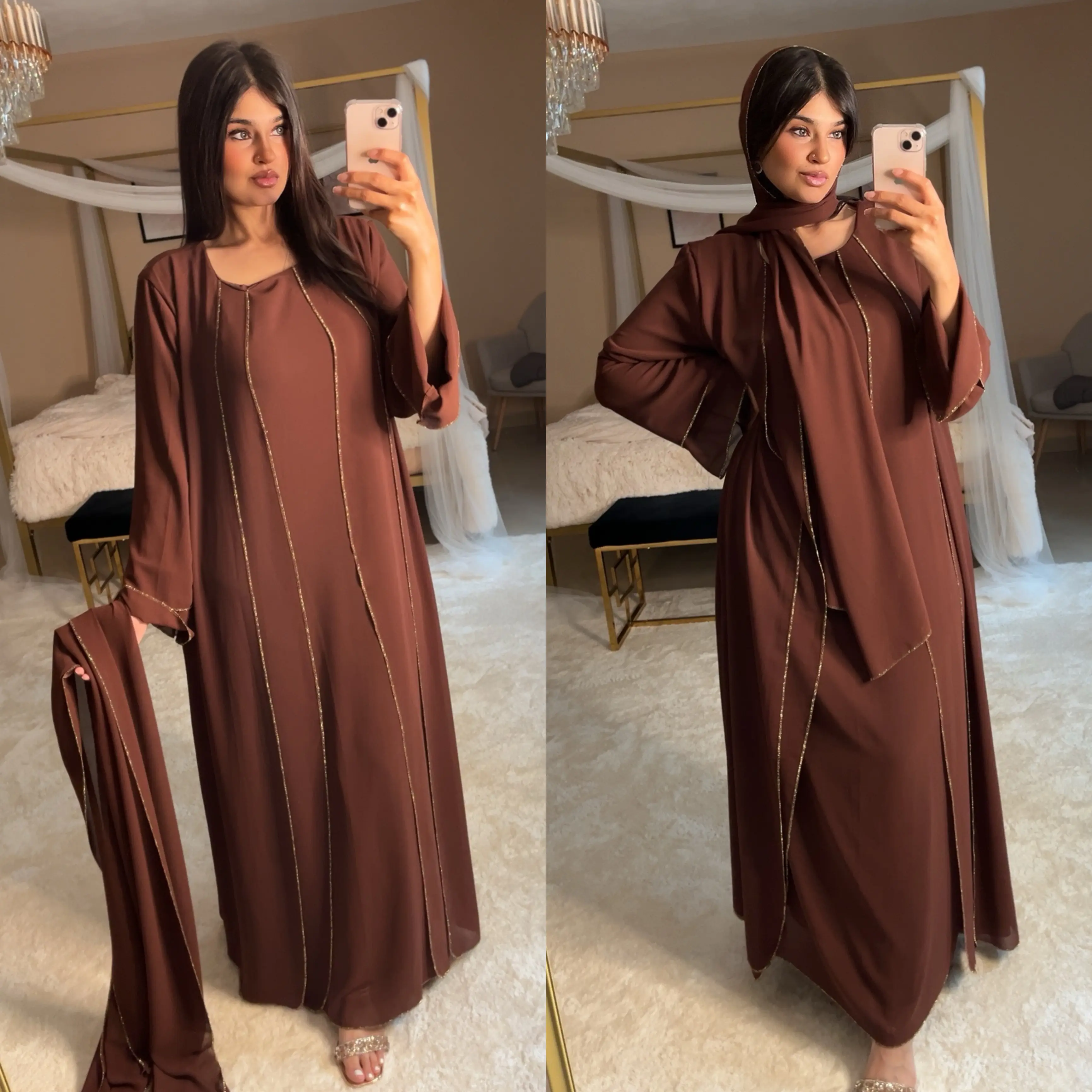Women's Gold Stitch Abaya with Scarf, Layered Modest Fashion, Women's Islamic Clothing, Sizes Available 10 to 18.