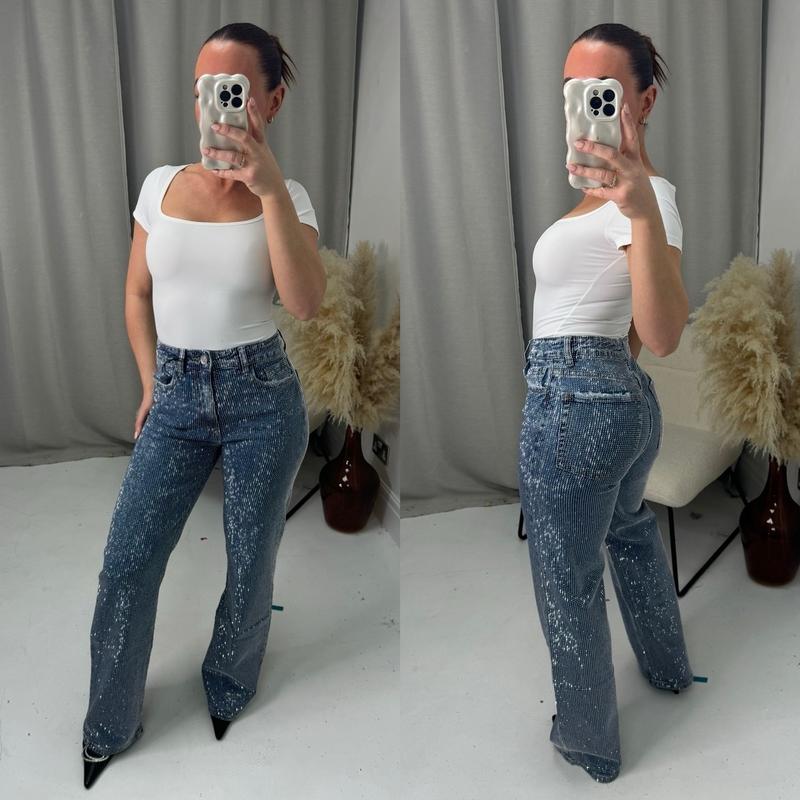 Product Introduction of Diamonte Rhinestone Jeans High Waist Christmas Party Trousers - A1089/046 Womenswear Bottom Pants Comfort Basic Dark Grey Denim Minimalist stretch  tummy  control  jeans Fitted 5