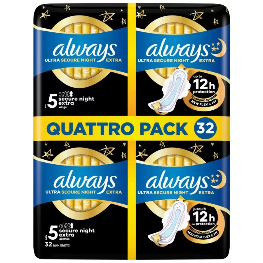 Always Ultra Night Quattro Pack with 12-Hour Protection-Soft & Breathable-Super Absorbent with Odourlock & Leak Guard Technology-32 Pads