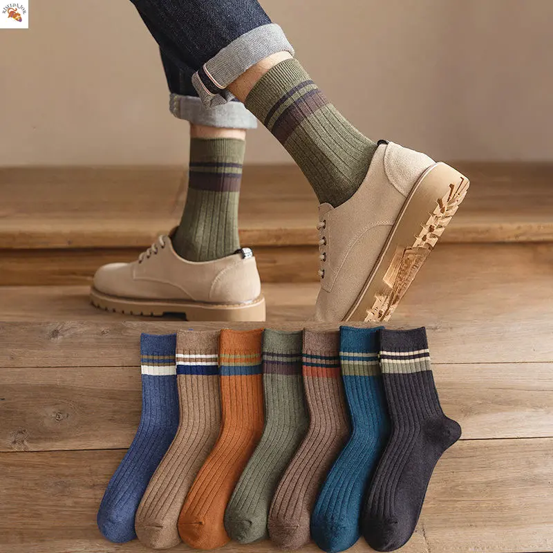 RISELDAJOR  5 Pairs of Men's Mid-Calf Socks with Striped Design, Solid Color, Ideal for Spring and Autumn, Also Great as Winter Long Socks, Odor-Resistant and Moisture-Wicking, Sweatproof
