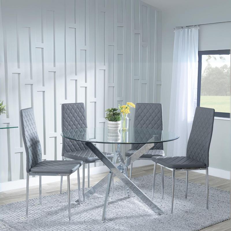 Chopstick Clear Glass and Chrome Metal 4 Seater Round Dining Set - 4 Metro Grey Leather Chairs with Chrome Legs 0