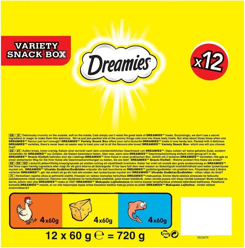 Dreamies Cat Treats Variety Pack, snacks with chicken, salmon flavour and cheese, Pack of 12 (12 x 60 g) 1