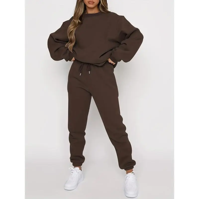 Two-Piece Solid Color Crew Neck Long Sleeve Top and Drawstring Jogger Pants Set - Soft Micro Elasticity Polyester Fabric, Pocket Details, Casual Wear for All Seasons 3