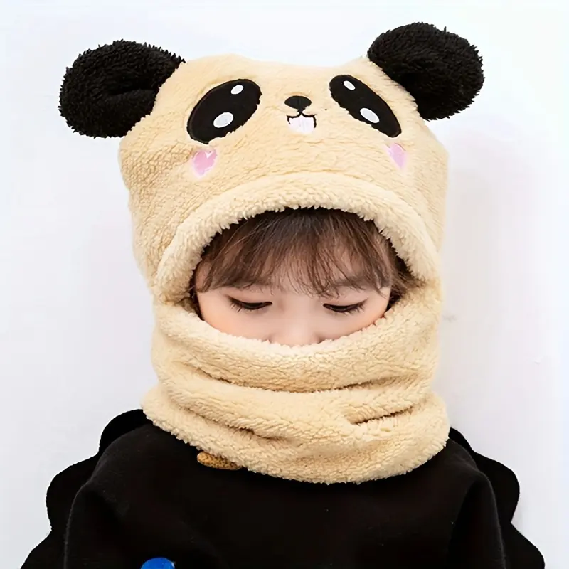 Fall/Winter 'S Hat Set - Warm Integrated Ear & Neck Scarf, Cute Bear Ear Style Hoodie Cap, Velvet Outer, Windproof Plush Hat, Polyester Composition, Hand Washable, Christmas Themed, Stretch Fit, Toggle Closure, Baseball Cap Design, Suitable for Daily 6