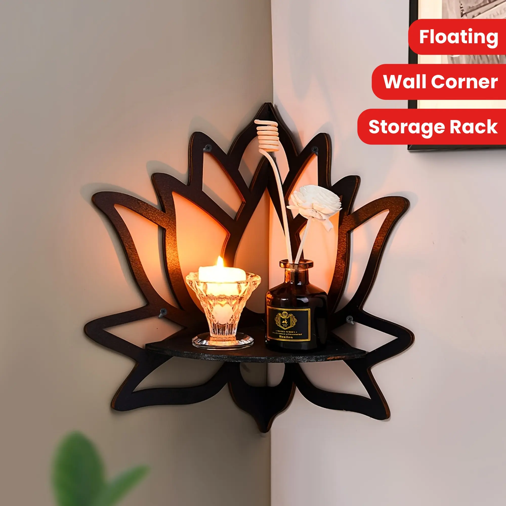 1pc Floating Wooden Lotus Shape Display Shelf with Crystal Stone Storage for Plants, Flowers, Toys, Scented Candles, and Household Items