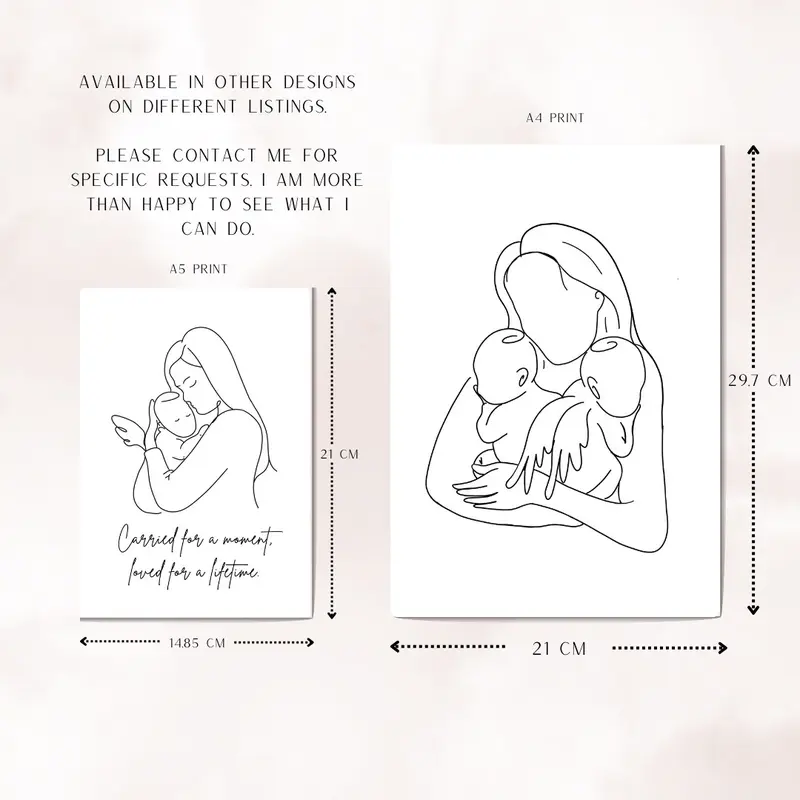 Personalised Mother Holding Angel and Earthside Twin Babies Line Art - Infant Loss Keepsake - Room Decor - Wall Print Gift Decoration Poster - Ornaments, Artistic 5