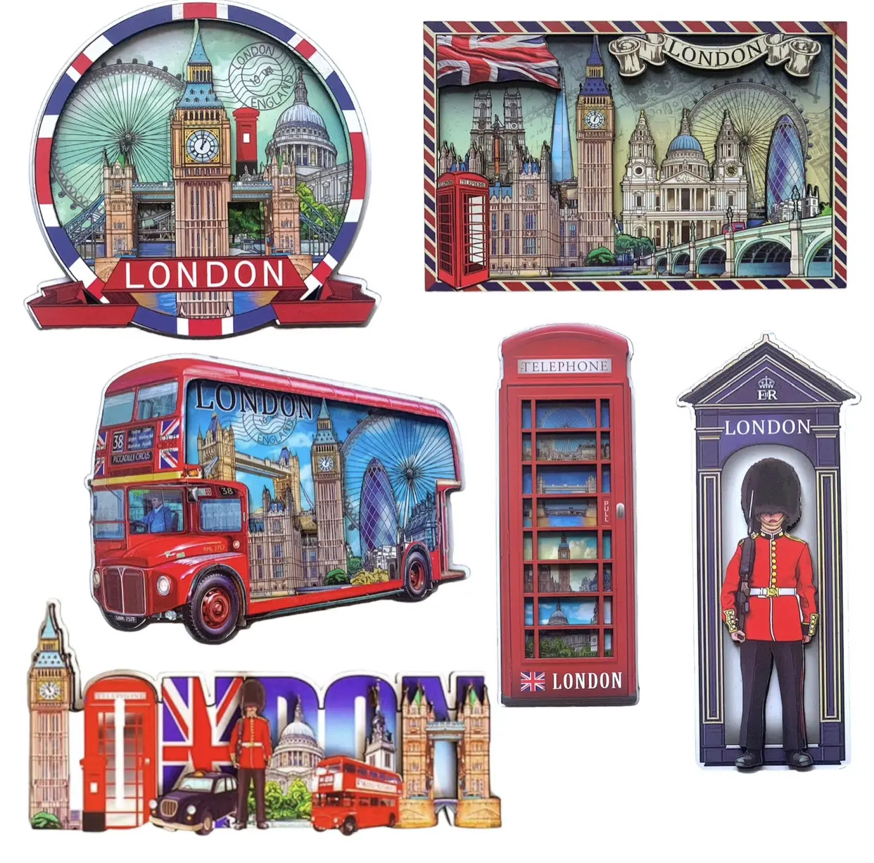London Wooden Magnets - Set of 6 London Souvenirs Wood Fridge Magnets - Union Jack England Famous Icons Pictures Wooden Fridge Magnet - British Souvenirs Magnet