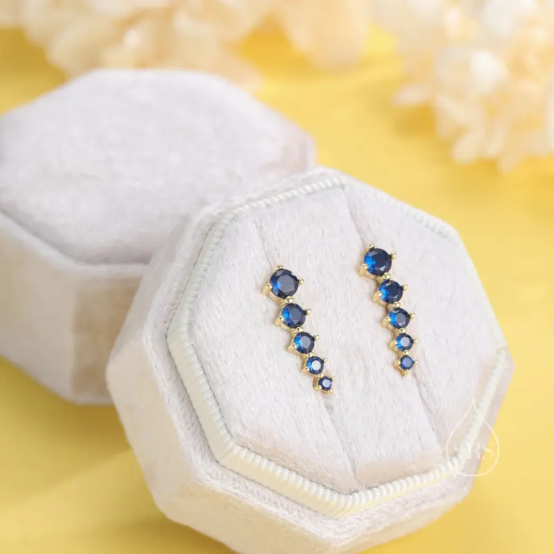 Sapphire Blue CZ Crystal Crawler Earrings in Sterling Silver, Silver or Gold 3