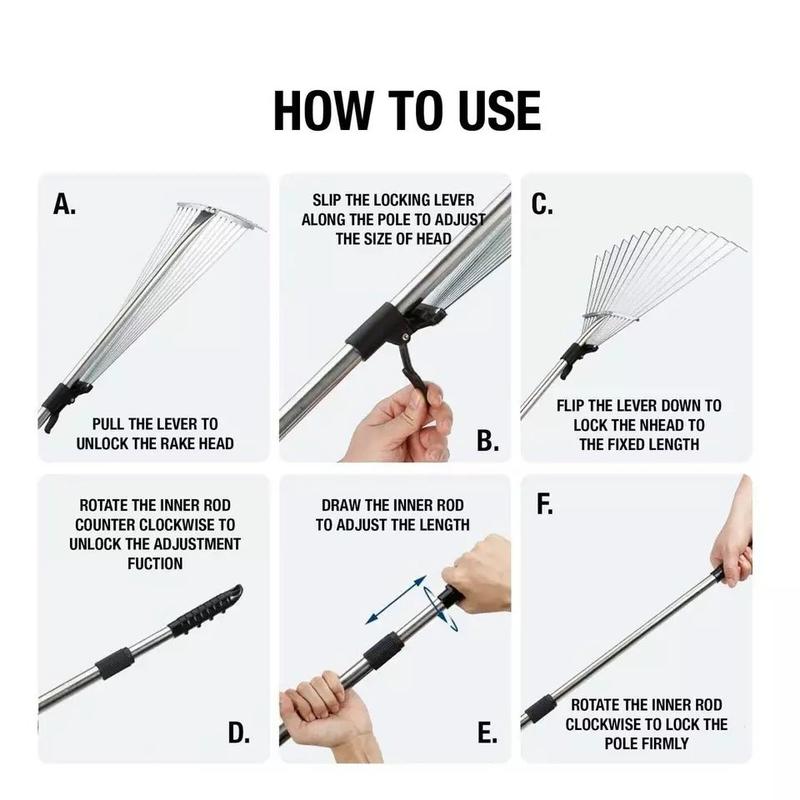 ADJUSTABLE TELESCOPIC METAL GARDEN RAKE LEAF TELESCOPIC HANDLE LAWN GRASS 1