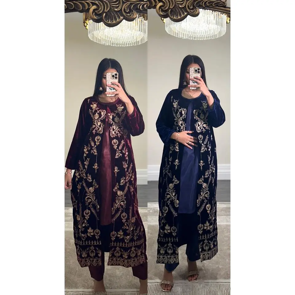 Velvet embroidered gown with silk inner and trouser
