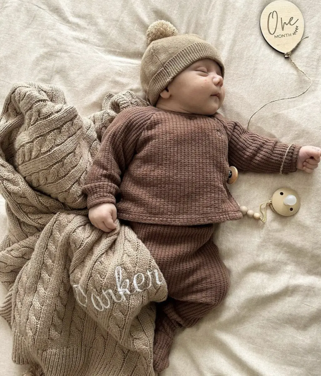 Personalised Coffee Cable Knit Baby Pom Blanket