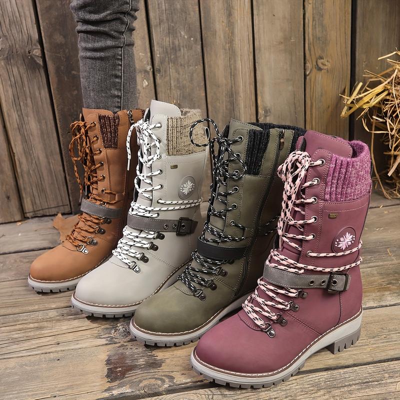 Product Introduction of Stylish Knitted Mid-Calf Boots - Trendy Solid Color Winter Boots with Side Zipper, Buckle Belt, and Non-Slip Sole for Women - Perfect for Cold Weather and Casual Occasions 5