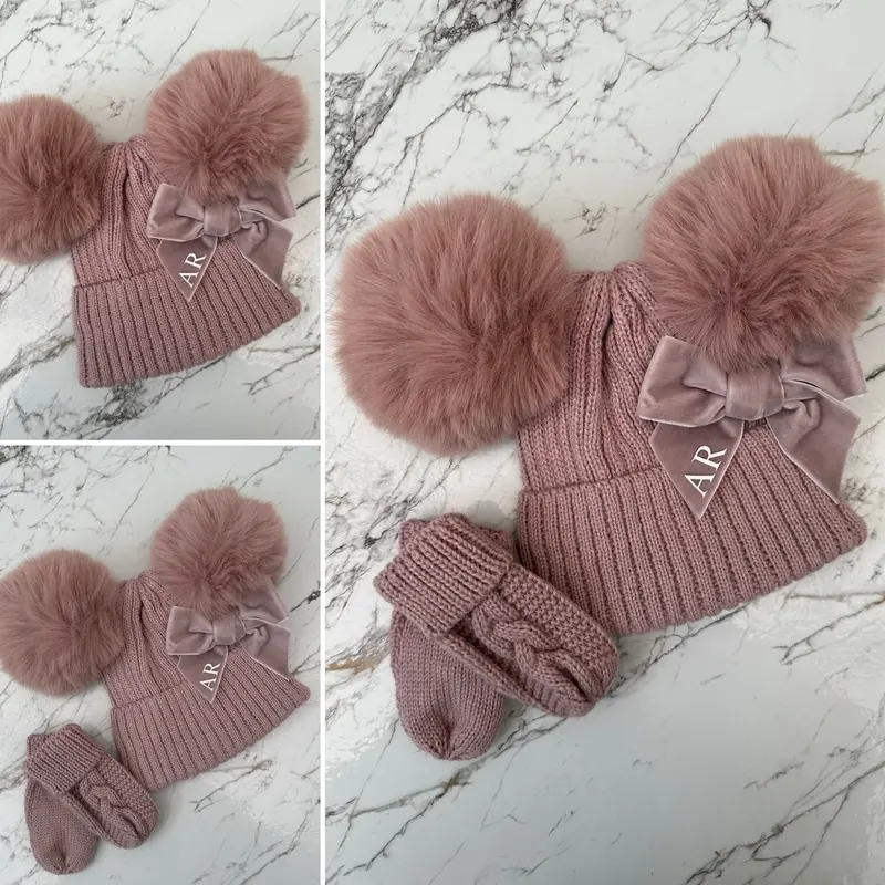 Biscuit or Dusky Pink Double Pom Pom Hat & Mittens - One Size Newborn - 12 Months. 3