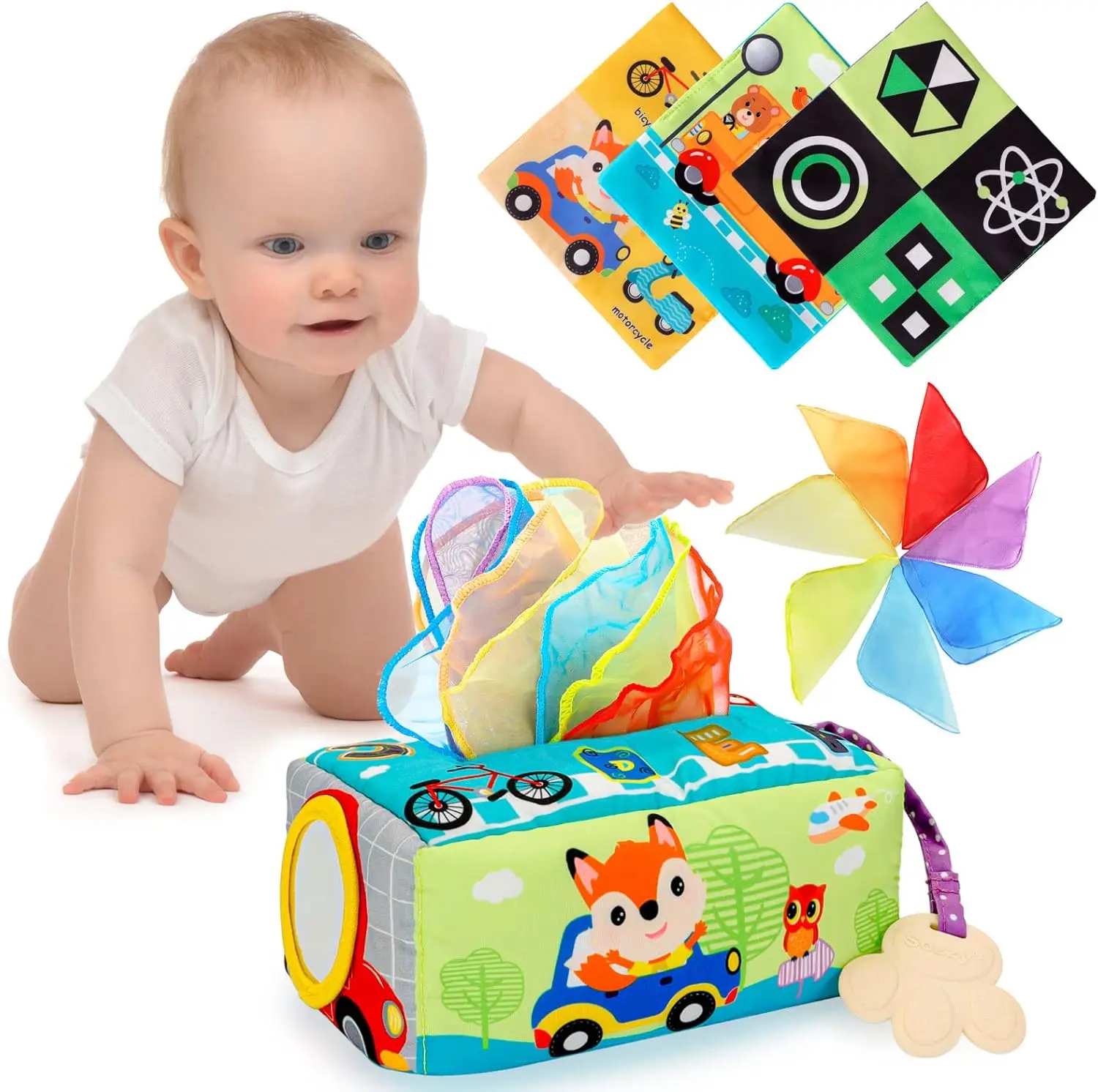 Baby Toys 0-6 Months - Tissue Box Toy for Babies, Soft Stuffed High Contrast Crinkle Montessori Square Sensory Toys, Newborn Boys Girls Gifts
